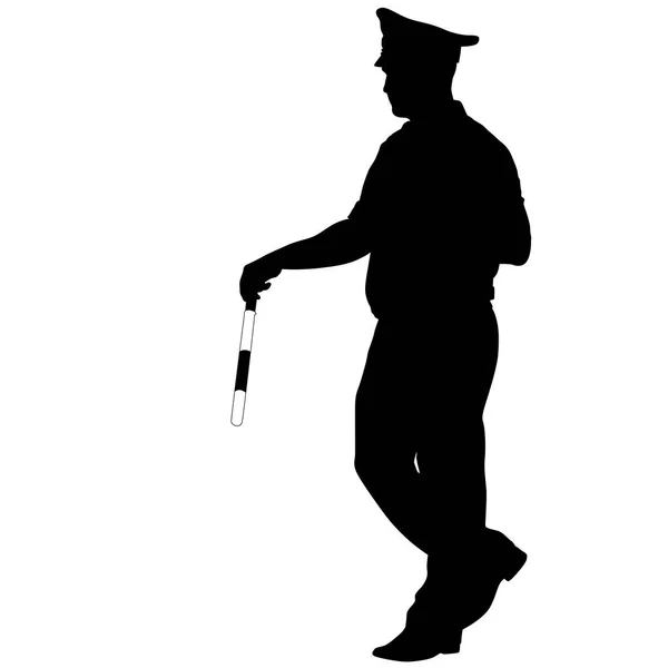白い背景の上の棒を持つ警察官の黒いシルエット — ストックベクタ