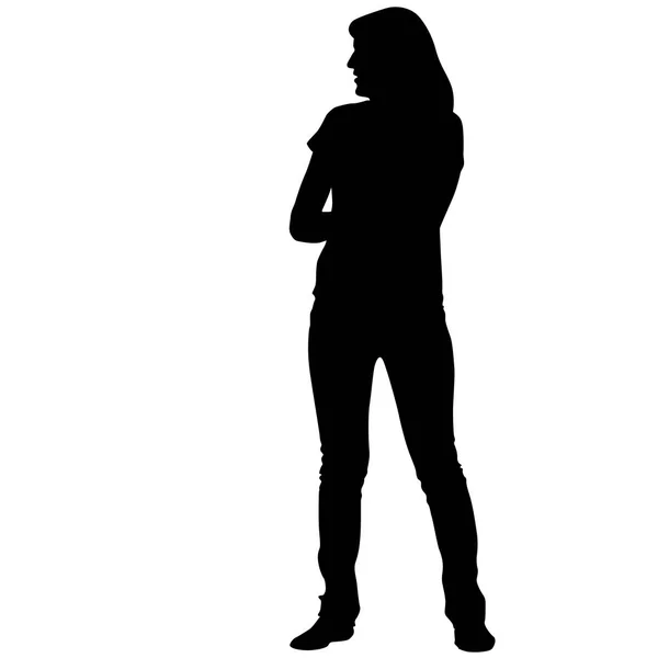 Musta siluetti nainen seisoo, ihmiset valkoisella taustalla — vektorikuva