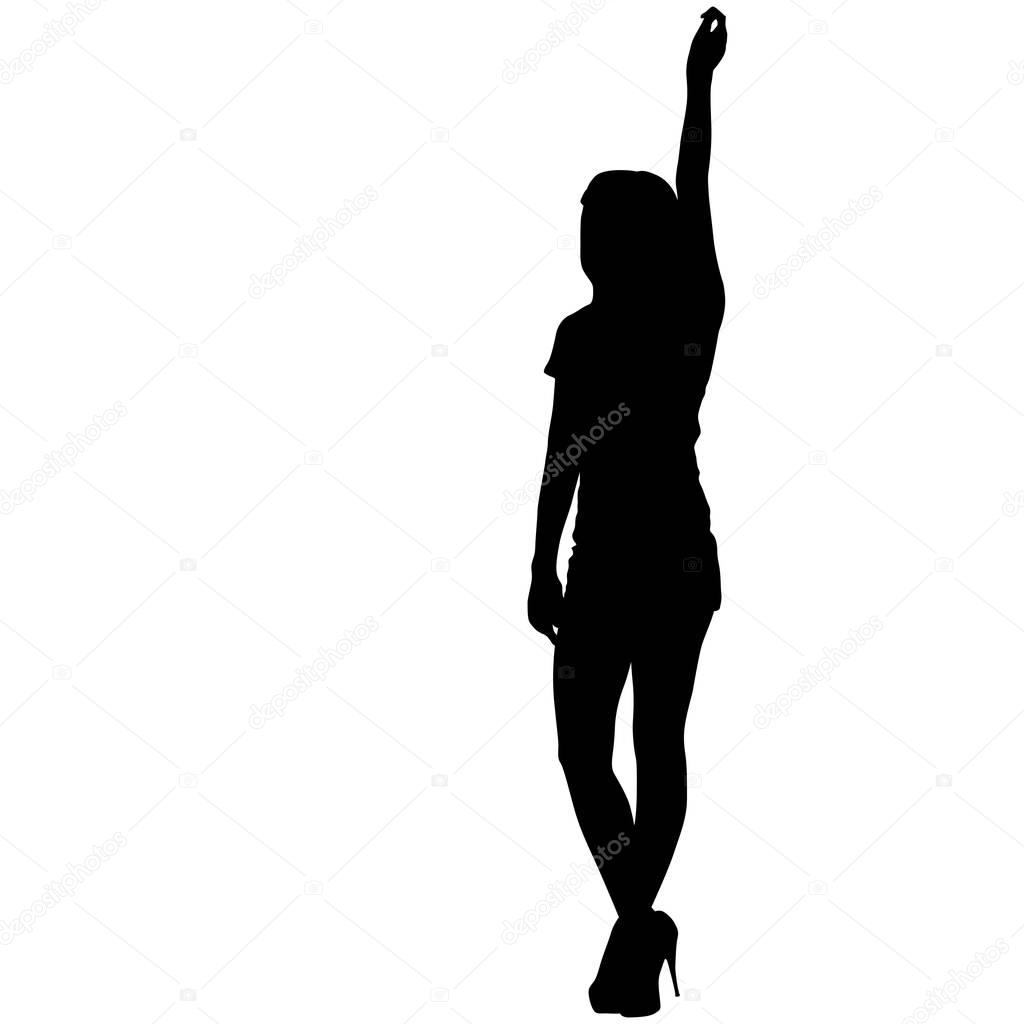 Black silhouette woman standing with arm raised, people on white background