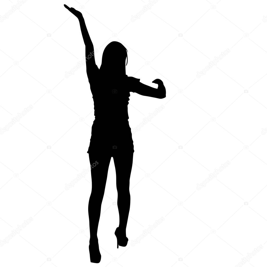 Black silhouette woman standing with arm raised, people on white background