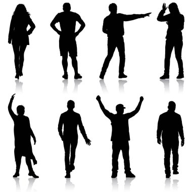 Güzel erkek ve kadın siyah siluetler beyaz arka plan üzerinde ayarlayın. Vektör çizim