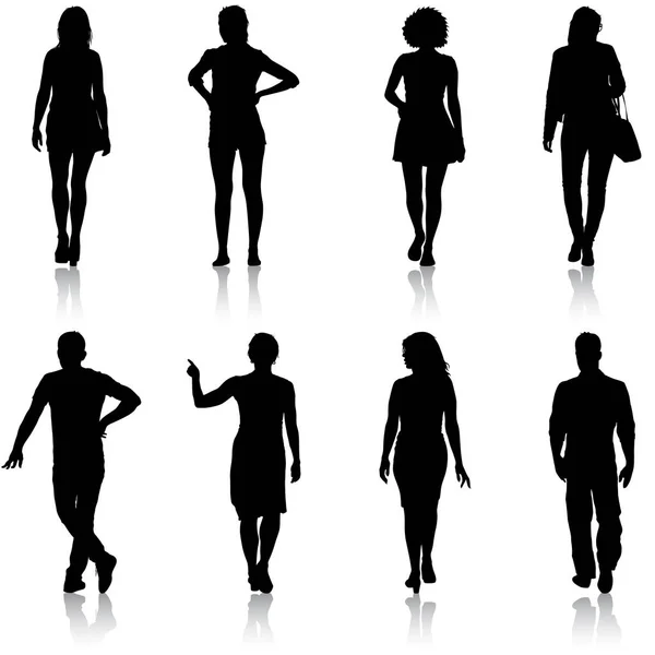 Nero silhouette gruppo di persone in piedi in varie pose — Vettoriale Stock