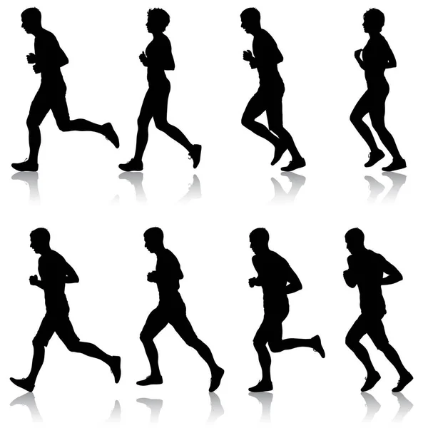 Set of silhouettes. Runners on sprint, men and woman — Stock Vector