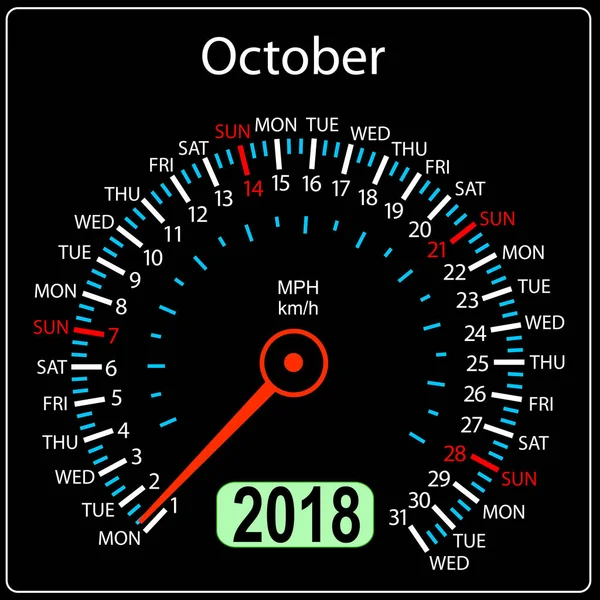 Año 2018 calendario velocímetro coche en concepto octubre — Archivo Imágenes Vectoriales