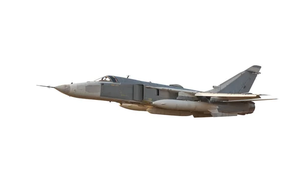 Military jet bomber Su-24 Fencer flying a white background — Stock Photo, Image