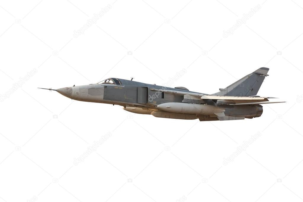 Military jet bomber Su-24 Fencer flying a white background