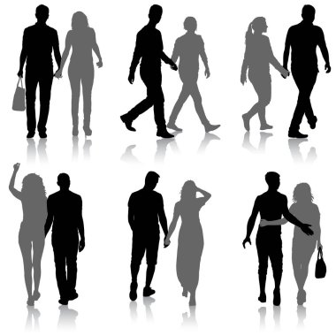 Siluet erkek ve kadını el ele yürüt.