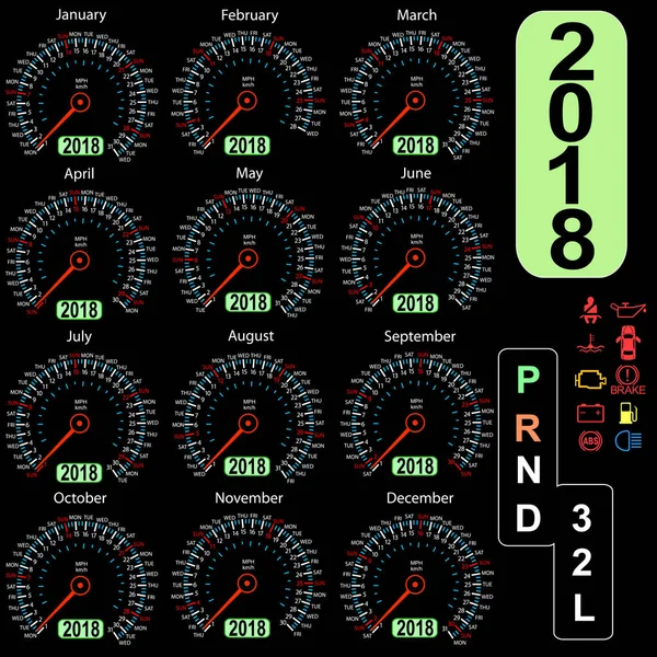 Año 2018 calendario velocímetro coche en concepto — Vector de stock