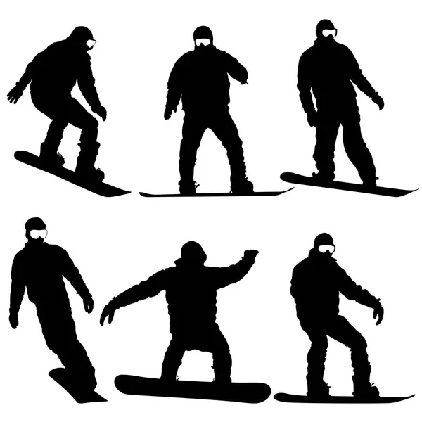 Встановіть чорні силуети сноубордистів на білому тлі. Векторні — стоковий вектор