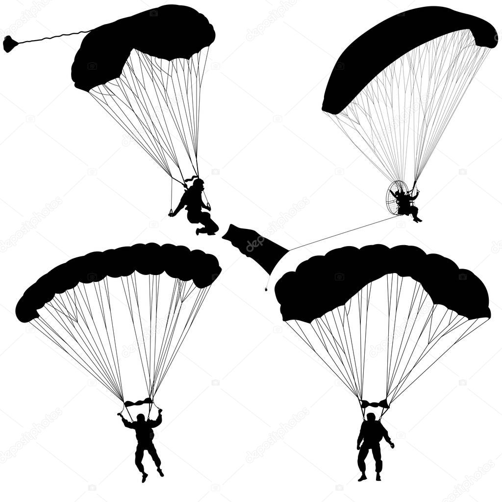 Set skydiver, silhouettes parachuting vector illustration