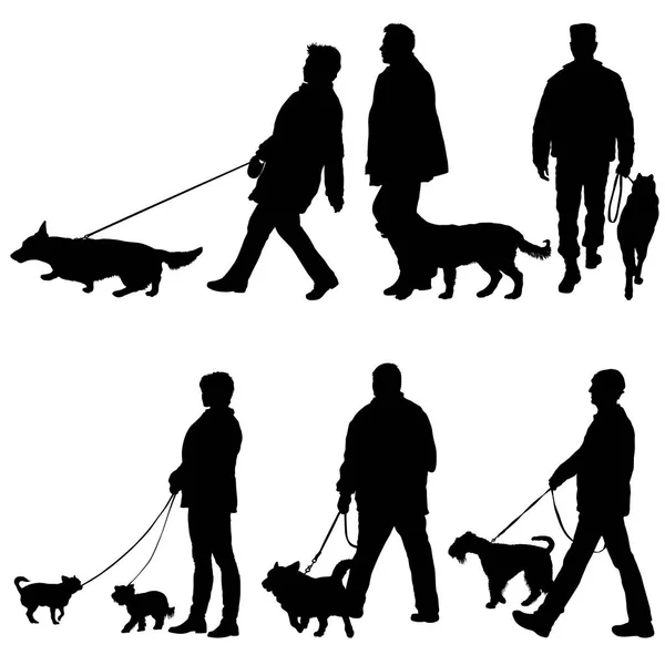 Set silueta de personas y perro sobre fondo blanco — Archivo Imágenes Vectoriales