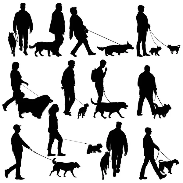 Set silueta de personas y perro sobre fondo blanco — Vector de stock