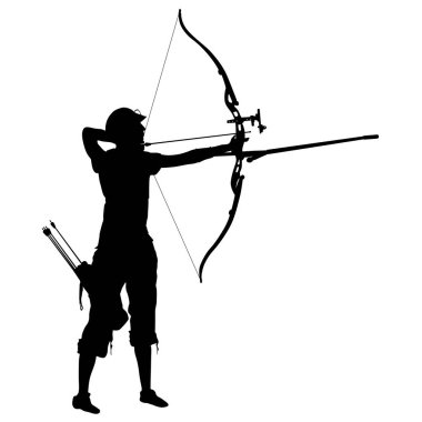 Bir yay bükme ve hedef hedefleyen siluet çekici kadın archer