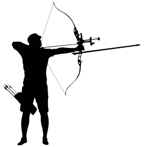 Silhouette attractive male archer bending a bow and aiming in the target — Stock Vector