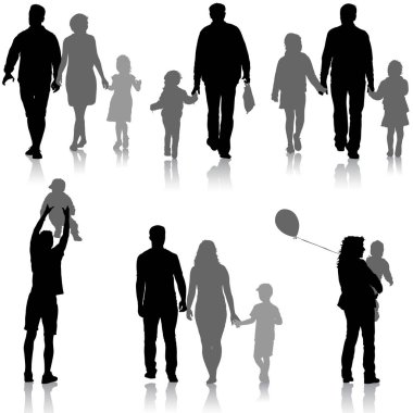 Mutlu aile silueti beyaz bir arka plan üzerinde ayarlayın. Vektör çizim.
