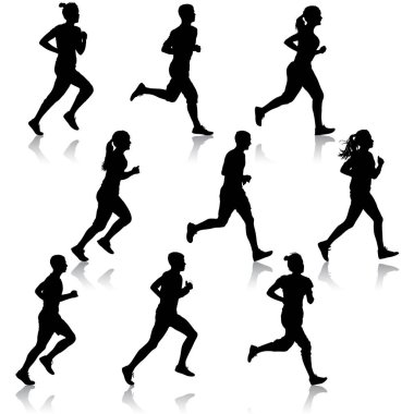 Siluetleri kümesi. Koşucular sprint, erkek ve kadın üzerinde