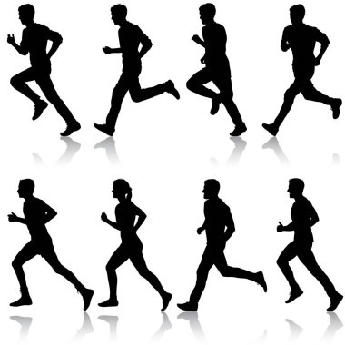 Siluetleri kümesi. Koşucular sprint, erkek ve kadın üzerinde
