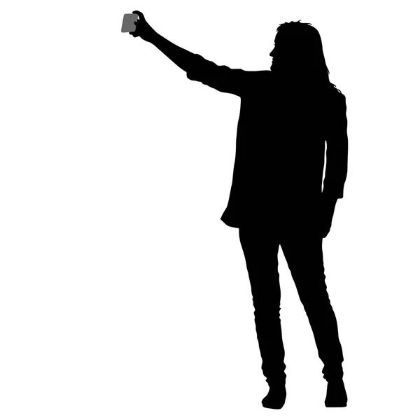 Silhouettes woman taking selfie with smartphone on white background — Stock Vector