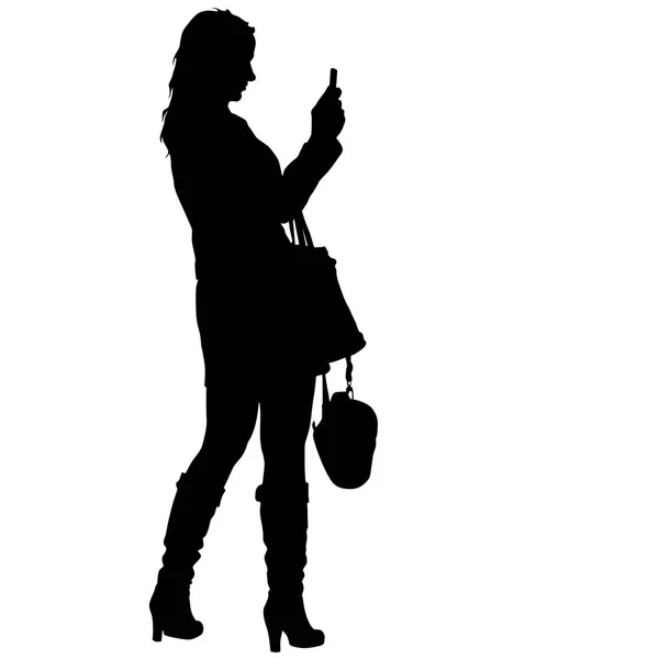 Силуети жінка бере селфі зі смартфоном на білому тлі — стоковий вектор