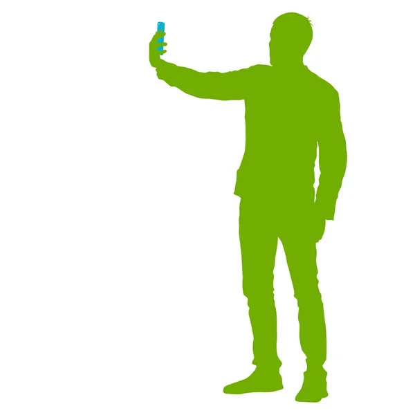 Siluet pria mengambil selfie dengan smartphone pada latar belakang putih. Ilustrasi vektor - Stok Vektor
