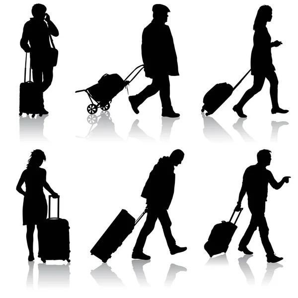 Μαύρες σιλουέτες ταξιδιώτες με βαλίτσες σε λευκό φόντο. — Διανυσματικό Αρχείο