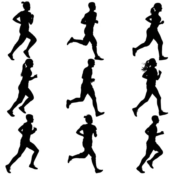 Conjunto de siluetas. Corredores en sprint, hombres y mujeres — Vector de stock