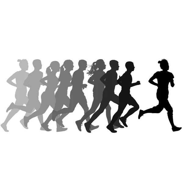 Set of silhouettes. Runners on sprint, men and woman — Stock Vector