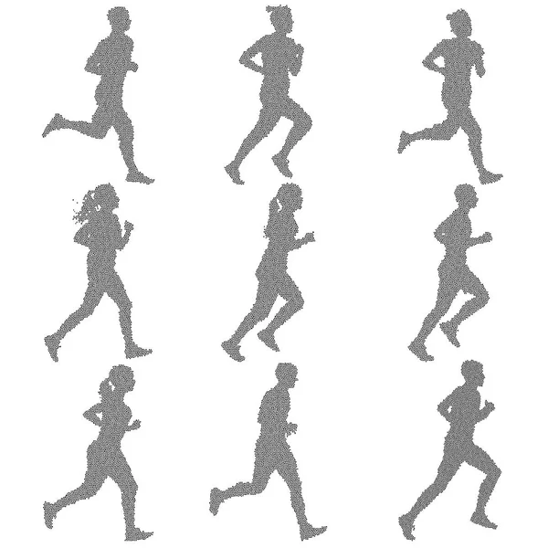 Zestaw sylwetek. Biegaczy na sprint, mężczyźni i kobiety — Wektor stockowy