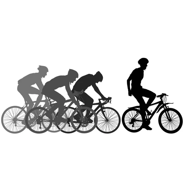 Σιλουέτες των δρομείς σε ένα ποδήλατο, αγώνα στη γραμμή του τερματισμού — Διανυσματικό Αρχείο