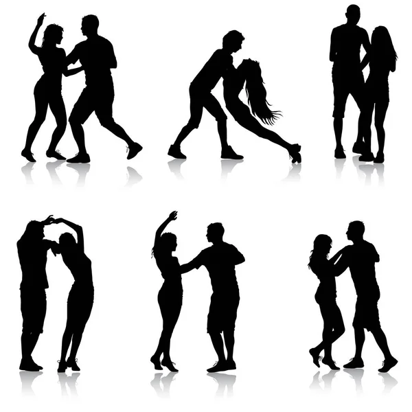 Conjunto de silhuetas pretas Dançando em fundo branco. Ilustração vetorial —  Vetores de Stock
