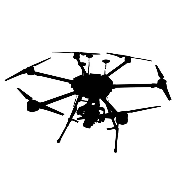 Silhouette noire drone quadrocopter sur fond blanc — Image vectorielle