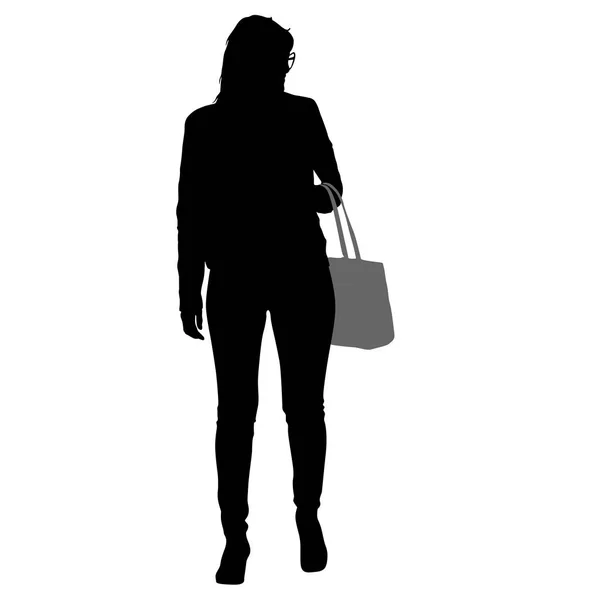 Czarna sylwetka kobieta stojąca z torbą, ludzie na białym tle — Wektor stockowy
