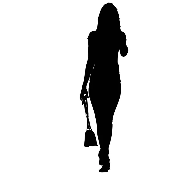 Чорний силует жінка стоїть з сумкою, люди на білому тлі — стоковий вектор