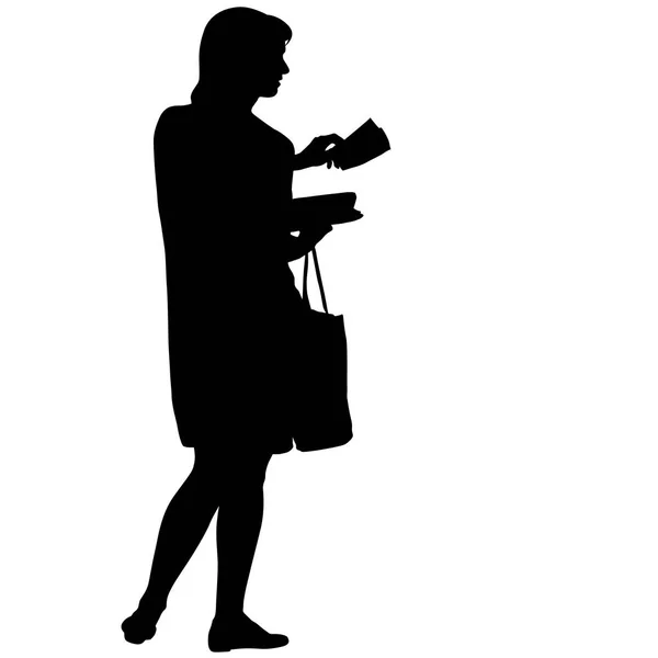 Silhouette noire femme debout avec un sac, les gens sur fond blanc — Image vectorielle