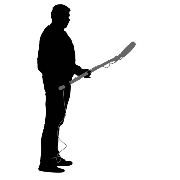 Tontechniker mit Mikrofon in der Hand. Silhouetten auf weißem Hintergrund — Stockvektor