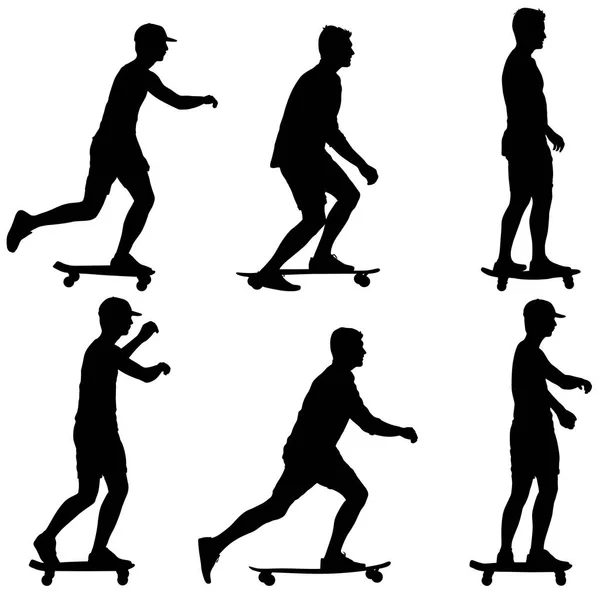 Ställ in ilhouettes en skateboardåkare utför jumpingon vit bakgrund — Stock vektor