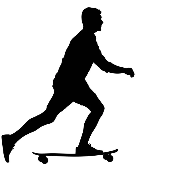 Siluetas skateboarder realiza saltos sobre un fondo blanco — Vector de stock