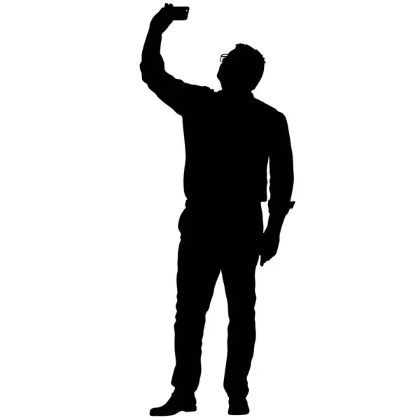 Silhouettes homme prenant selfie avec smartphone sur fond blanc — Image vectorielle