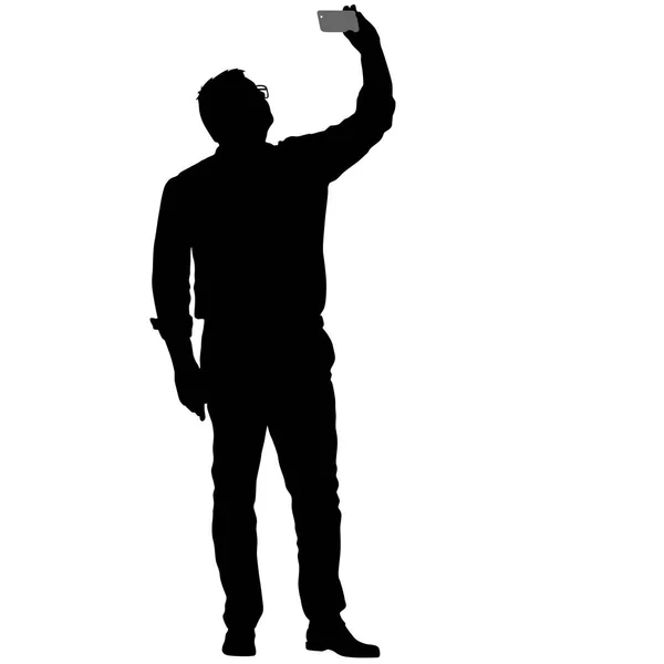 Silhouettes homme prenant selfie avec smartphone sur fond blanc — Image vectorielle