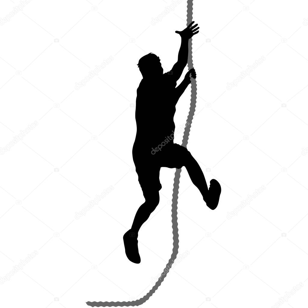 Black silhouette Mountain climber climbing a tightrope up on hands