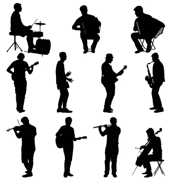 Silhouette musicisti di strada che suonano strumenti su sfondo bianco — Vettoriale Stock