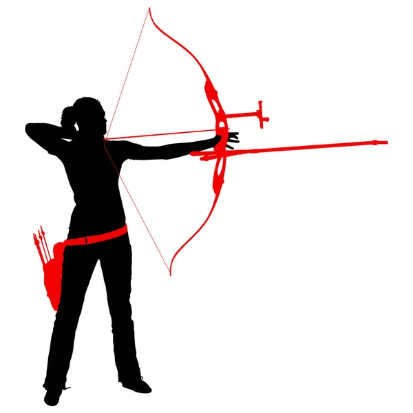 Silhouette attractive female archer bending a bow and aiming in the target — Stock Vector