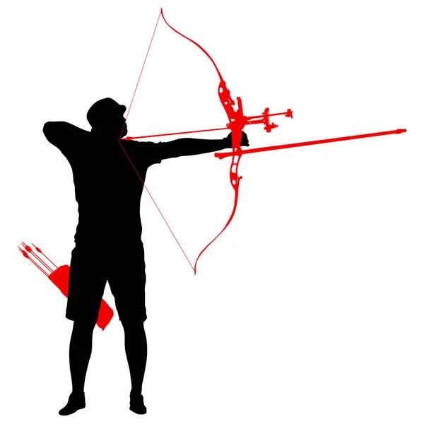 Silhouette attractive male archer bending a bow and aiming in the target — Stock Vector