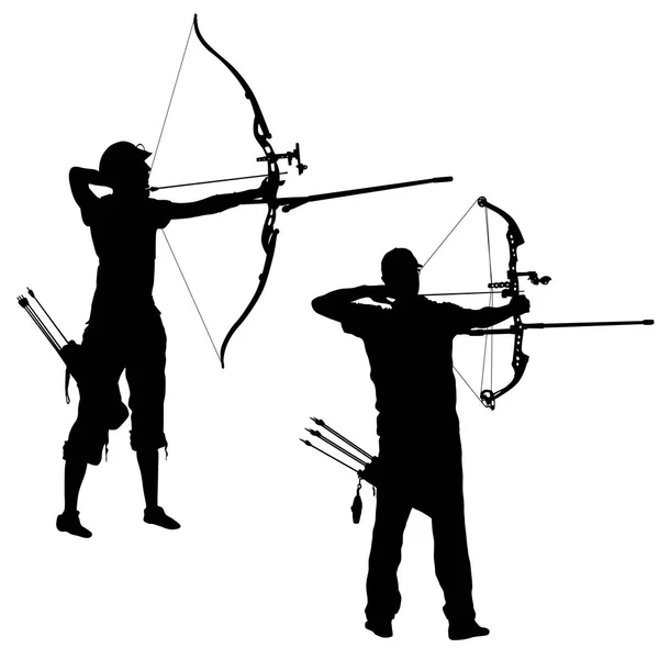 Silhouette set attractive male and female archer bending a bow and aiming in the target — Stock Vector