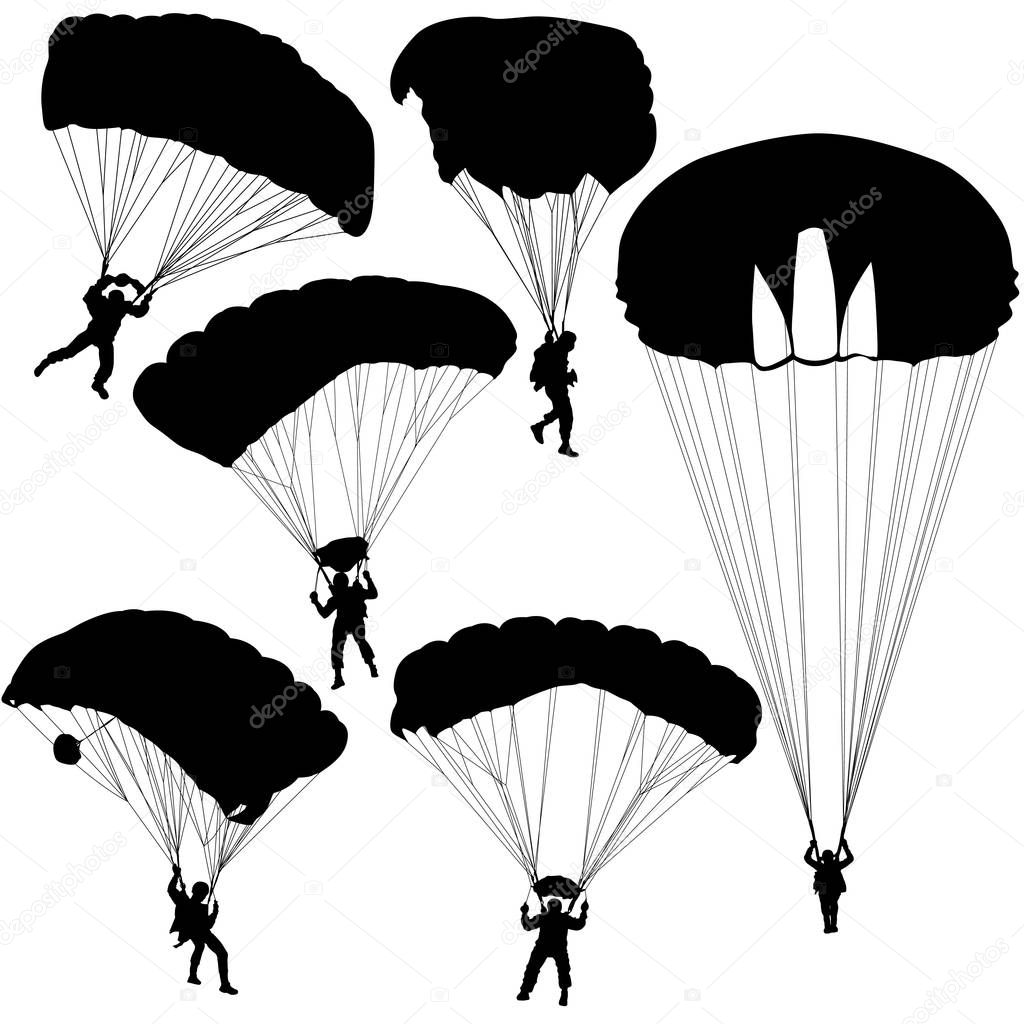 Set skydiver, silhouettes parachuting vector illustration