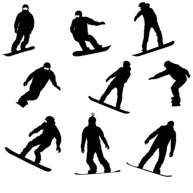 Beyaz arka plan üzerinde siyah siluetler snowboard ayarla
