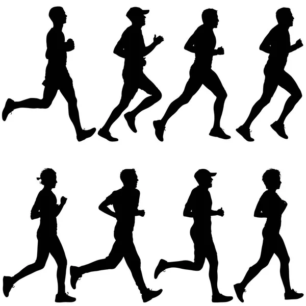 Set of silhouettes. Runners on sprint, man and woman — Stock Vector