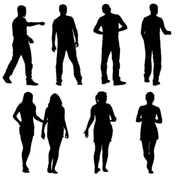 Silhouette noire groupe de personnes debout dans différentes poses — Image vectorielle