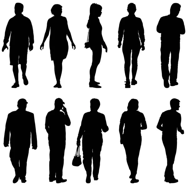 Silueta negra grupo de personas de pie en varias poses — Archivo Imágenes Vectoriales