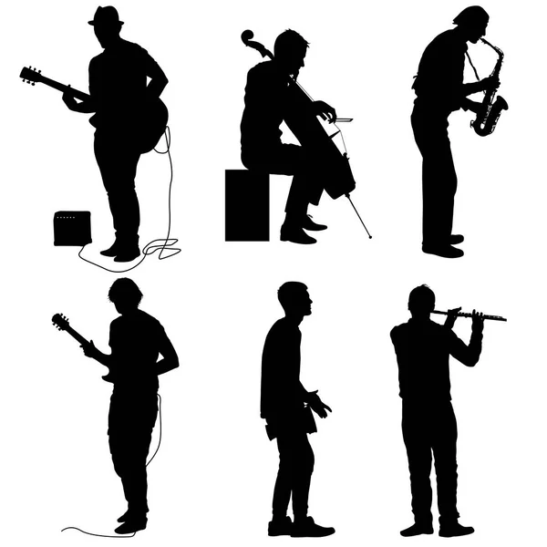 Siluetas músicos callejeros tocando instrumentos sobre un fondo blanco — Vector de stock